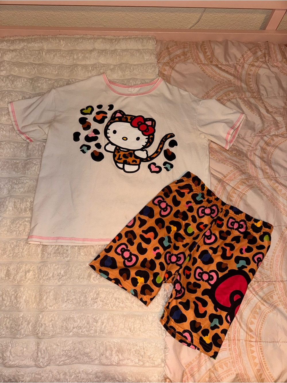 Hello Kitty White Tee with Orange Leopard-Print Shorts Pajama Set